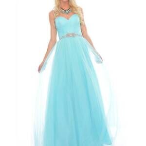 NEW PRECIOUS FORMALS hand beading illusion prom dress in aqua